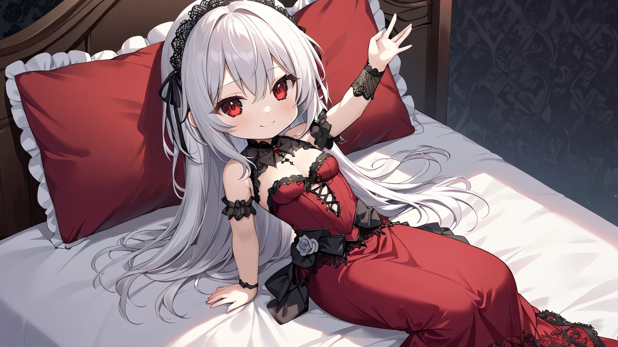 Nightcore, Gothic Maiden Anime Girl, beautiful charming anime girl,White-haired goddess, red eyes, red dress, alone, from the front, smile, chibi, ((seiza)), ((sitting)), One arm raised up, simple background