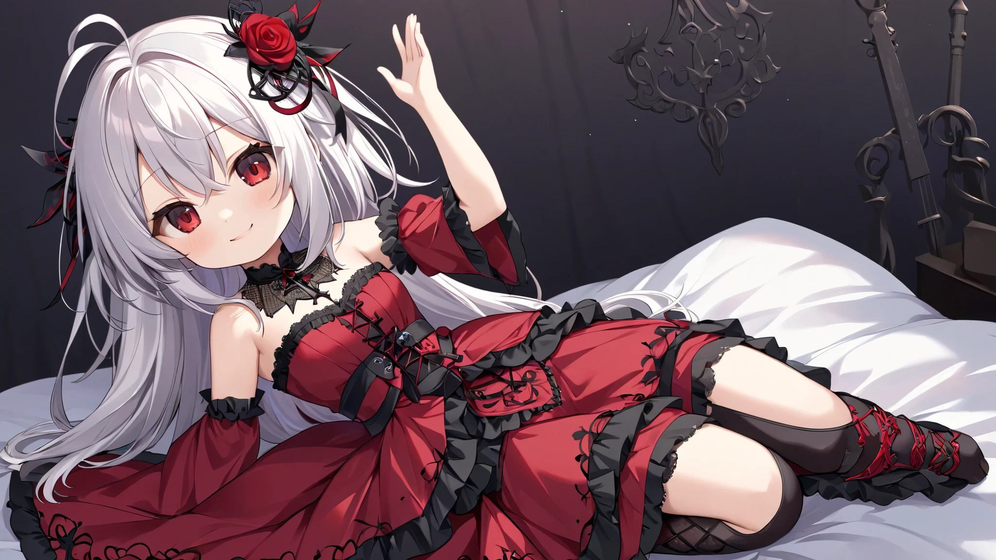 Nightcore, Gothic Maiden Anime Girl, beautiful charming anime girl,White-haired goddess, red eyes, red dress, alone, from the front, smile, chibi, ((seiza)), ((sitting)), One arm raised up, simple background