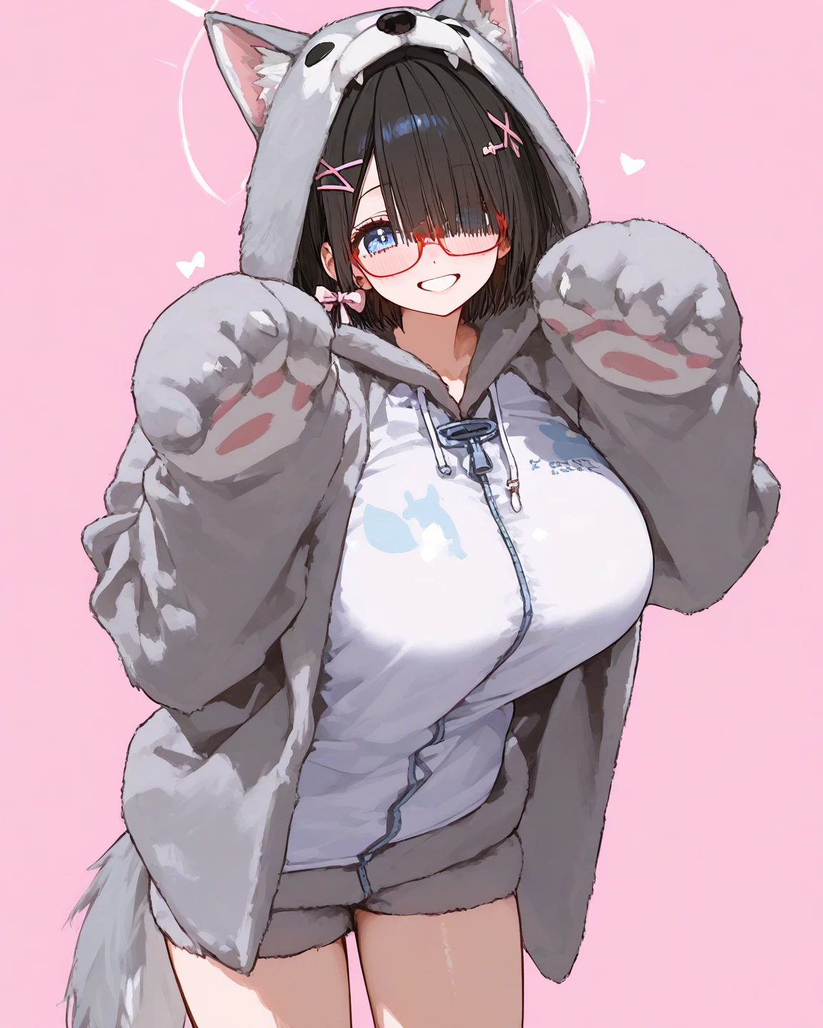 Two Cat, Chibi, hooded busty cat mouth 