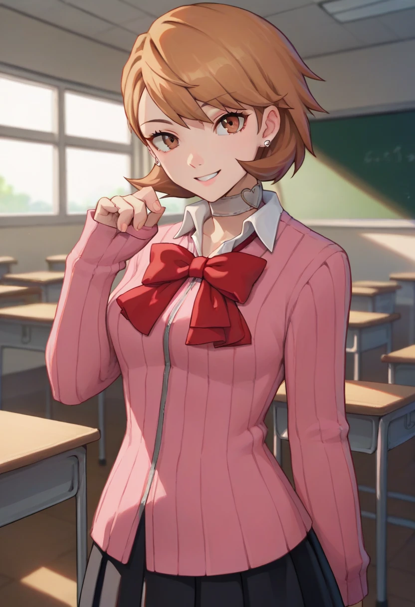 score_9, score_8_up, score_7_up, source_anime, solo, 1girl, yukaridef, smile, looking at viewer, standing, gekkoukan high school uniform, pink cardigan, red bow, long sleeves, black skirt, earrings, white choker, indoors, classroom