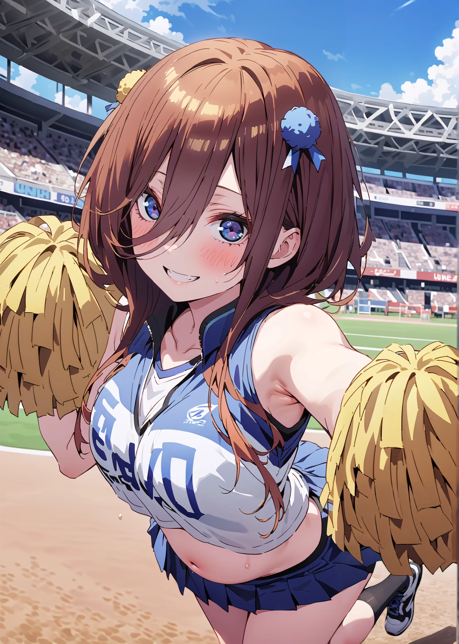 score_9, score_8_up, score_7_up, source_anime, Miku Nakano, Nakano Future, long hair, bungs, blue eyes, brown hair,Between the eyebrows,smile,blush,open their mouths, (CHEERLEADING), (full body), on chest, (semen), semen Wet Clothes, (blue clothes),sleeveless, pleated skirt on indoor floor,black socks,sneakers,belly button sticking, playground, (jump), (jump), 足を曲げてjumpする, , blue sky, Compa, smile,cheerleader with radiant skin, Pom-pom \(CHEERLEADING\) real hair ornaments,audience,full bodyがイラストに入るように,break outdoors, Stadium,
break looking at viewer,
break (masterpiece:1.2),top quality , kampala, Unity 8K Wallpaper ,(shape:0.8),( fine, beautiful eyes :1.6),It's a person ,full body写真,CG Details , (perfect hands with full nudity,complete anatomy),