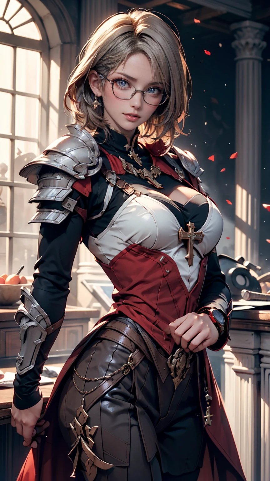 masterpiece , girl, In the Field, ( Light white short hair:1.2), (Red eyes:1.2), (Crossader:1.2), (View your viewers:1.2) , (8k, 最high quality 1.2), Very detailed, 8k uhd, Soft lighting, high quality, Film Grain, Beautiful lighting, Cinematic ,Perfect body , Sexy proportions、Narrow waist、Erotic female body、Alluring、Best lighting, Best Shadow, Sharpness, Contrast, Red glasses, Messy Hair, , Absurd high definition faces, Steel Armor, Large sword