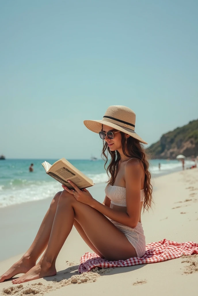 woman is reading in front of the beach