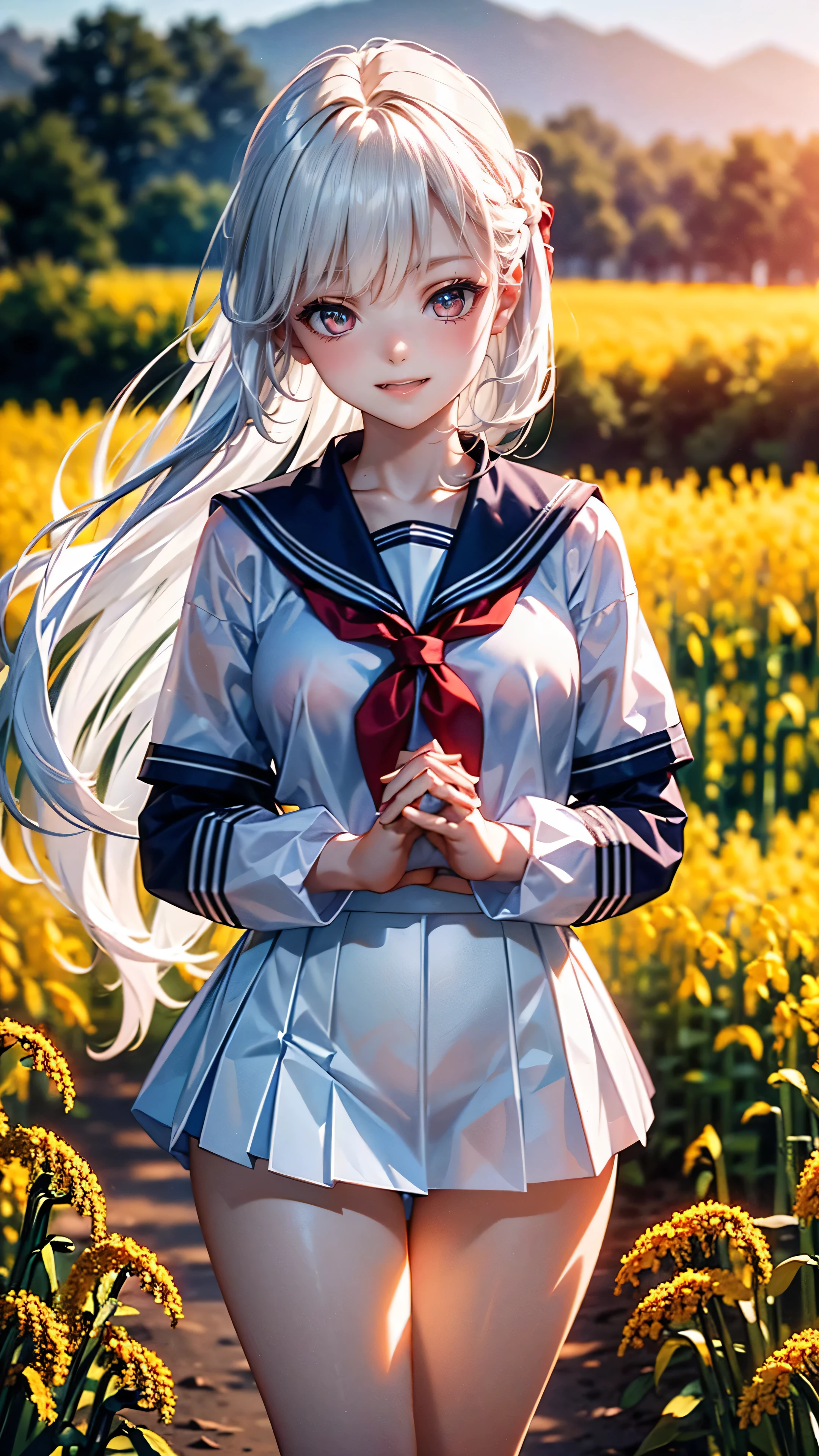 Highest quality, 8K, Highest quality, ((High school girl with crimson eyes)), ((Crimson Eyes)), ((Sparkling and delicate eyes)), ((Very precise eyes)), (Long hair that is a mix of platinum and purple)), Princess cut, ((Translucent white skin)), Glossy skin, Very white skin, ((Very small breasts)), ((Anatomically correct depiction)), ((Wearing a pure white short-sleeved sailor uniform)), Dark blue pleated skirt, Thighs in a miniskirt, ((Smiling seductively with hands clasped behind head in a rapeseed field)), ((A field of rapeseed flowers)), Smiling happily, Very beautiful.
