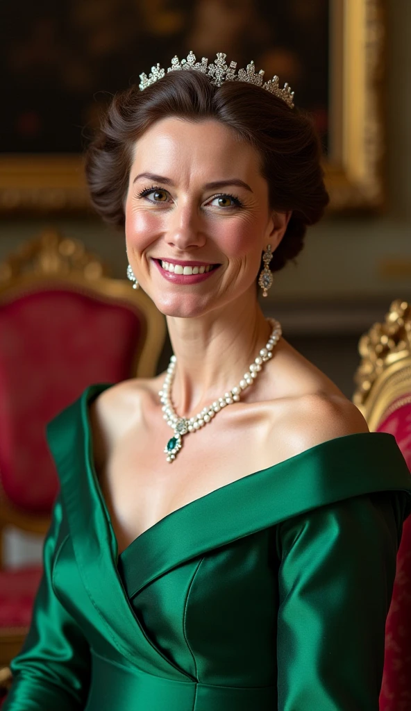 A beautifully set dining table adorned with fine china and silverware.,Queen Elizabeth II,Queen Elizabeth II, known for her dignified and composed demeanor, typically appears in elegant, color-coordinated outfits, often accompanied by a matching hat and pearls, embodying the traditional and refined style befitting a monarch. Her appearance is marked by her signature hairstyle, kept consistent throughout her reign, and a warm, yet reserved smile that reflects her steady and composed nature.