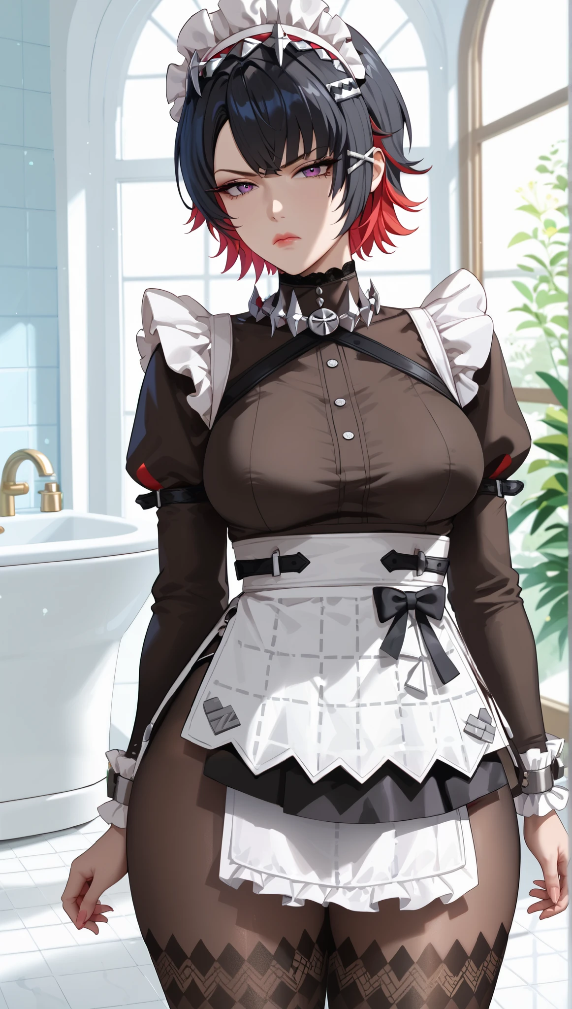 (masterpiece, best_quality:1.2), 1girl, solo, mature female, Ellen Joe Zenless Zone Zero, short hair, black hair, red underhair, hairpins, (housewife:1.5,), beautiful eyes, female focus, looking at viewer, medium breast, thick thighs, wide hips, ((solo)) detailed, very high resolution, no blurry image, beautiful, elegant, intricate details, detailed background, annoyed face, wearing a maid outfit, black pantyhose, inside bathroom, on her knees,