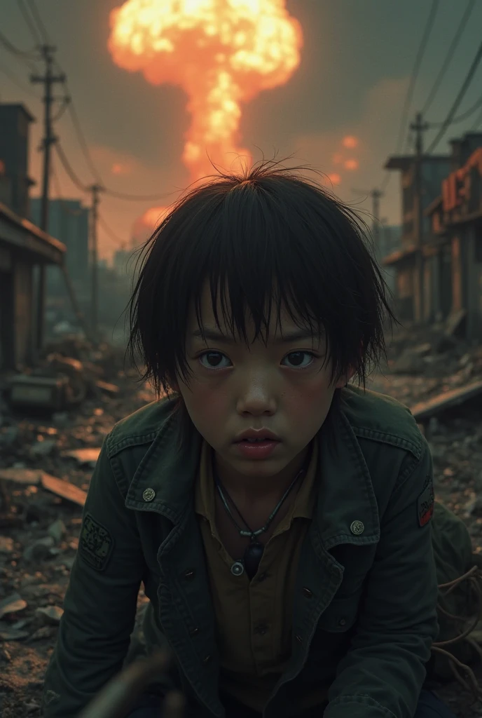 child in the midst of the destruction of hiroshima sad