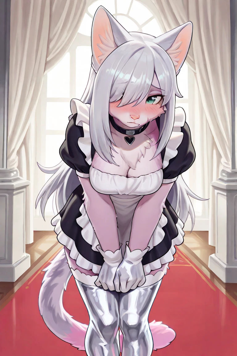 (hi res), ((masterpiece)) , ((best quality)), illustration, furry, 
cat, animal ears, tail, bodyfur, 1girl, POV, upper body, 1girl, solo, long hair, gray hair, *//*, blue eye, *//*, white blouse, looking at viewer, smile,masturbating hard with a big dildo in her pussy and screaming of pleasure while squirting 