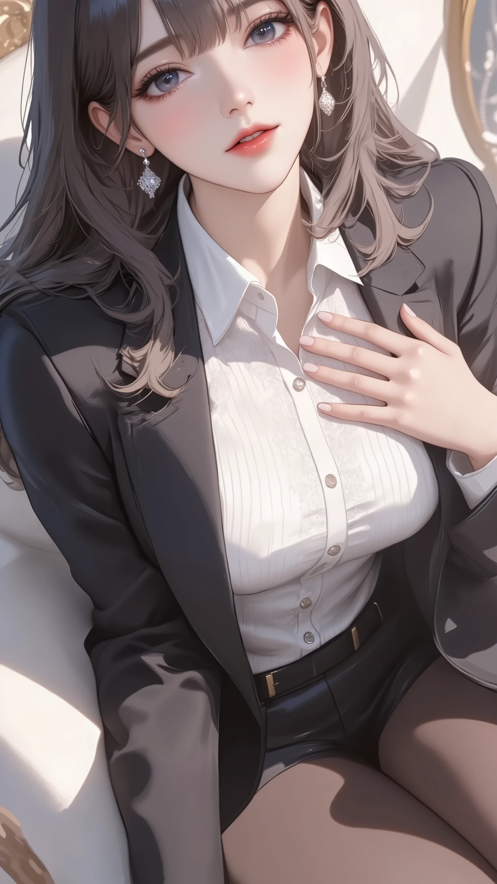 best quality, ultra-detailed, 1girl, full body, huge filesize, artbook, day, indoor, curtain, black hair, blunt bangs, grey gradient hair, ((black eyes)), huge breasts, black silk stocking, collared shirt , business suit, high heels, hair bow, smirk, sitting, head tilt, hand on own chest, crossed legs
