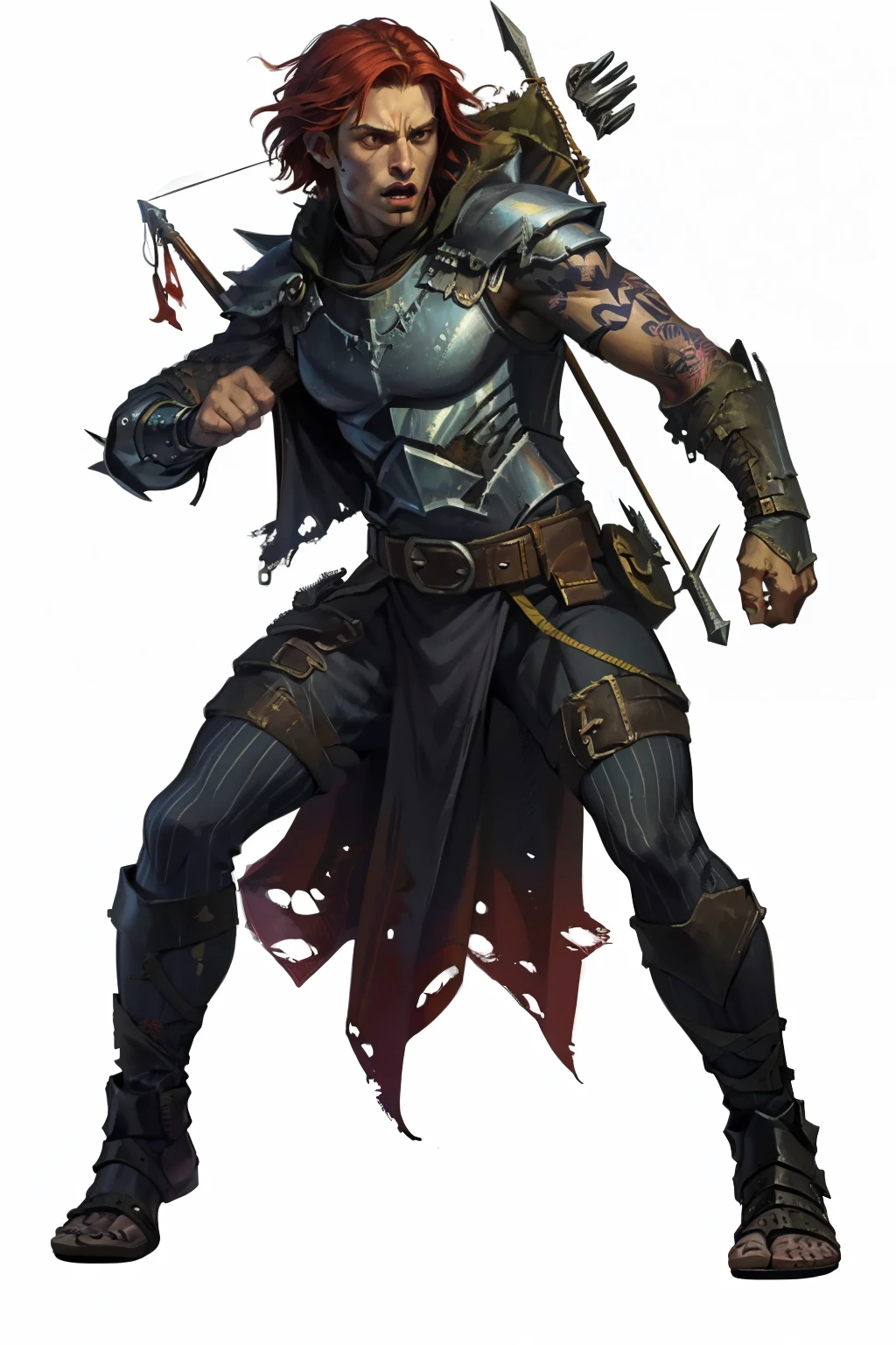 (full body image, forbidden to cut or not show from head to toe, PNG format , transparent background, white background, medieval theme, rpg) &&&&& (High quality, masterpiece) &&&&& (25-year-old athletic man), (medieval archer), (shoulder pads with metallic thorns), (Bob style short red hair), (medieval clothes), (torn and old red t-shirts), (urban wild style inspired by Simon Bisley for Heavy Metal magazine cover), (Minimum complete and shady clothing), (detailed metal protection on the right arm), (dark red with white stars and yellow and white stripes), (armor full of tips and rivets), (venom tattoos covering the entire body), (Fight pose scenario), ( without the bottom ).