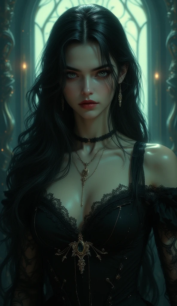 A fierce looking woman with black hair that slowly fades into flames, black lacy dress