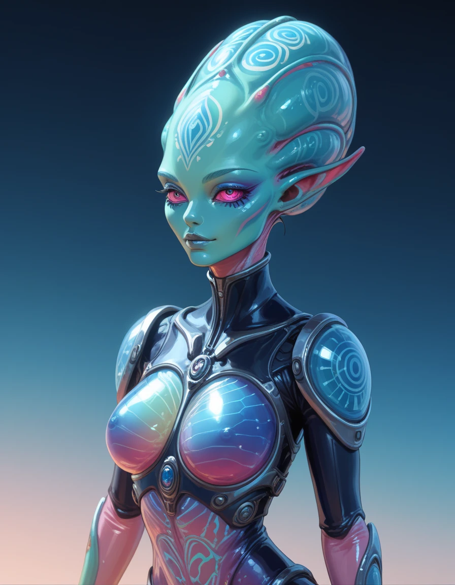 Ancient Extraterrestrial Creature, Alien Being, ((Non-Human)), Female seductive Alien, ((psychedelic skin)), chitinous skin, Alien clothes, Holographic Heavy armor