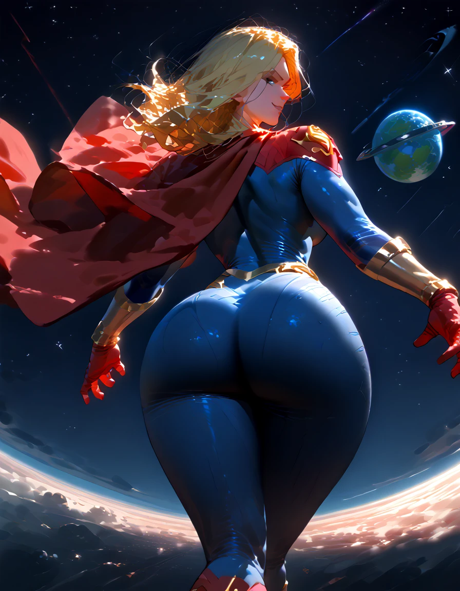 Supergirl in action pose, flying in the space, planet's in the background, perfect costume, upturned buttock, back angle view, extremely blond hair, smooth curves, red cape, extremely beautiful blue eyes, beautiful smile