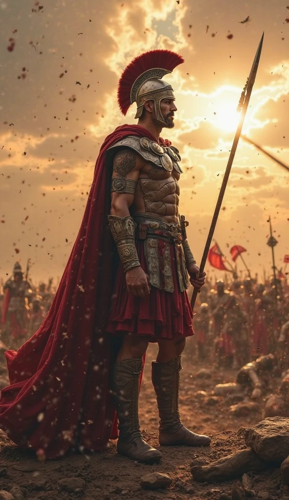 Gladiator with helmet and swords dressed in red and white striped sports shirt over many dead lawyers dressed in red and black sports shirts