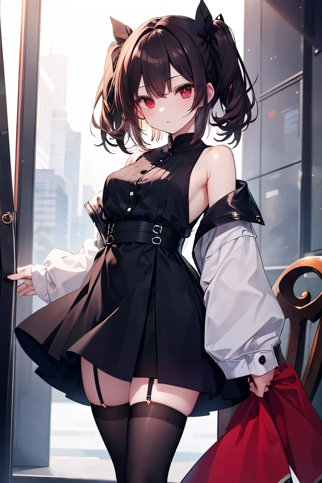 squatt, (women's costume), (Open the chest, Red bra top), (black pantyhoses), high-heels, supermarket, (tmasterpiece),((ultra - detailed)), (Highly detailed CG illustration),(face expressionless), (Best quality at best:1.2),(1个Giant Breast Girl:1.2),High quality texture, Complicated details, Detailed texture, Highqualityshadow, realistic facial expressions, Delicate, beautiful and delicate face, Delicate beautiful and delicate eyes, brown eye pupils, Face with perfect proportions, depth of fields, opinion,in her 20s, rosto magro, (largeeyes:1.2),Be red in the face,glossy lips, perfect bodies, slimification, (Willow waist:1.3), Bigchest, distinct_Image olow skin), focused only, (Brown hair), (Striped hair), light source contrast, ((Medium hair)), (Pure love face_v1:0.5) , (ulzzang-6500-v1.1:0.5),