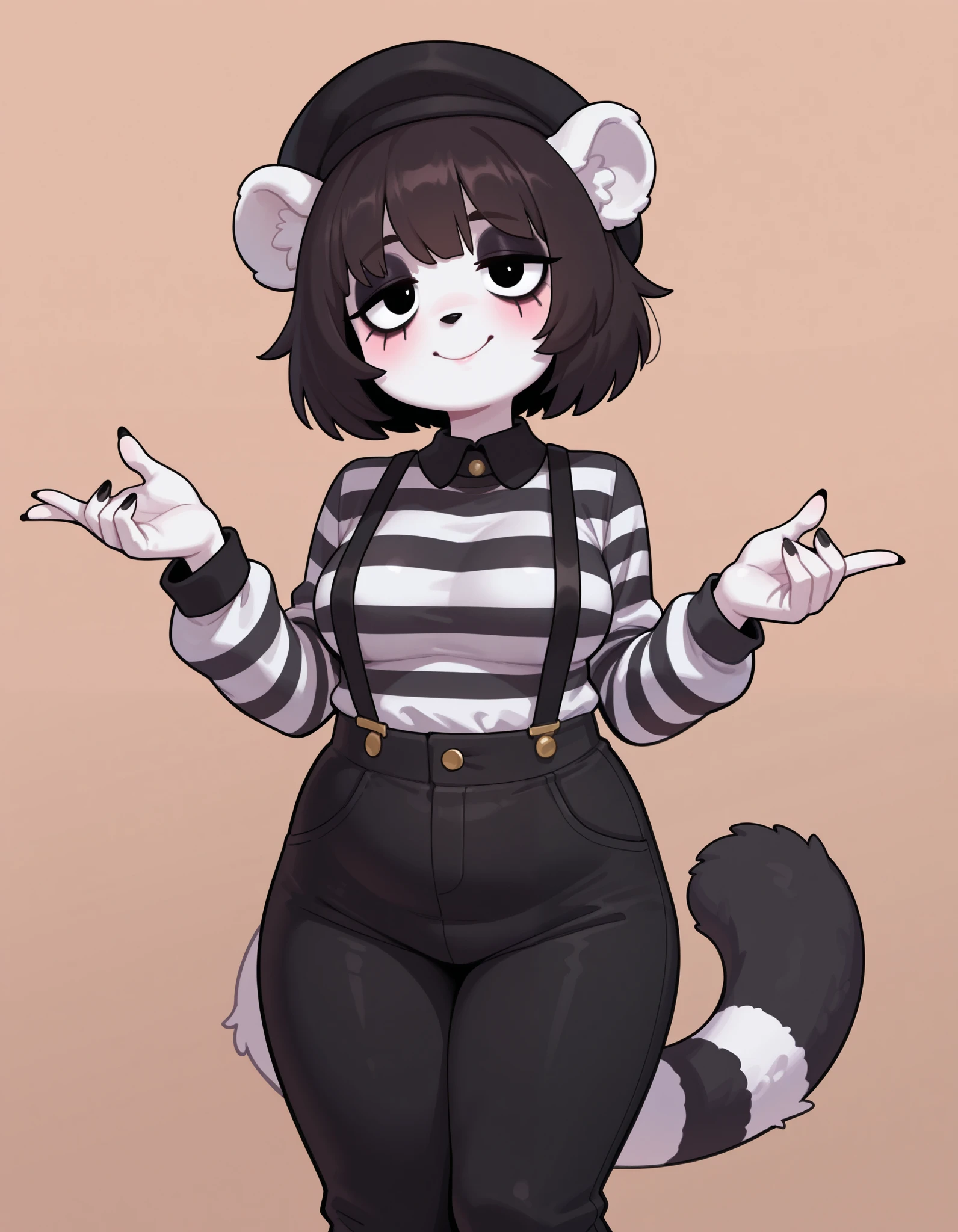 masterpiece, best quality, amazing quality, very aesthetic, absurdres, source furry, 1female, ((short body)), mime clothes, mime makeup, lemur, fluffy tail, lemur ears, long tail, black and white, black beret, black short hair, suspenders, posing, goth, emo, baggy pants, striped shirt, chubby, looking up, looking at viewer, upper view, legs together, twidding fingers, innocent face, chubby body, hyper fluffy body, very fluffed