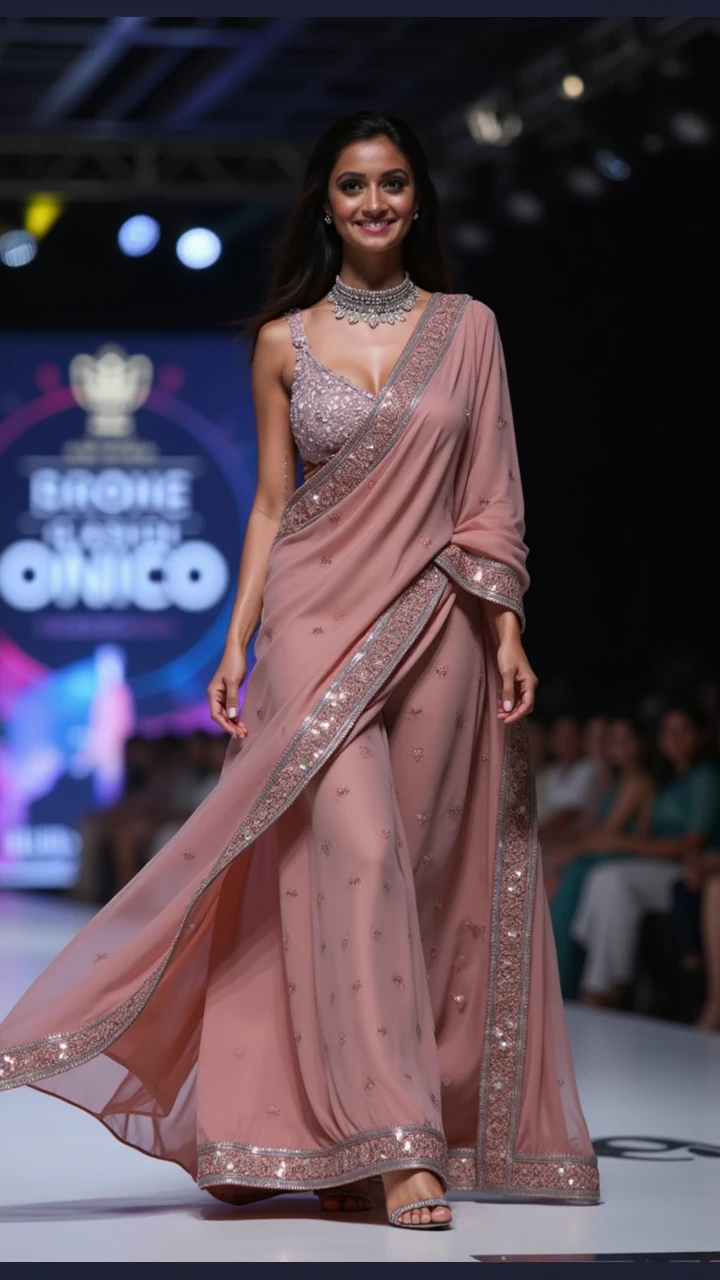 desilatte, photo of a pretty 25yo woman, wearing ethnic ((sari)), ((full body)), walking on fashion ramp, detailed skin, ((fashion show)), high depth of field, 4k, unreal engine <lora:desicoffee:1>