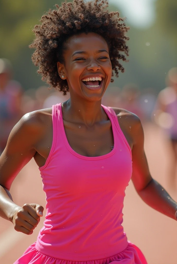 people. exercising on the trail. sculptural body. Slim waist. pink blouse. Lightweight shorts. rear. far.