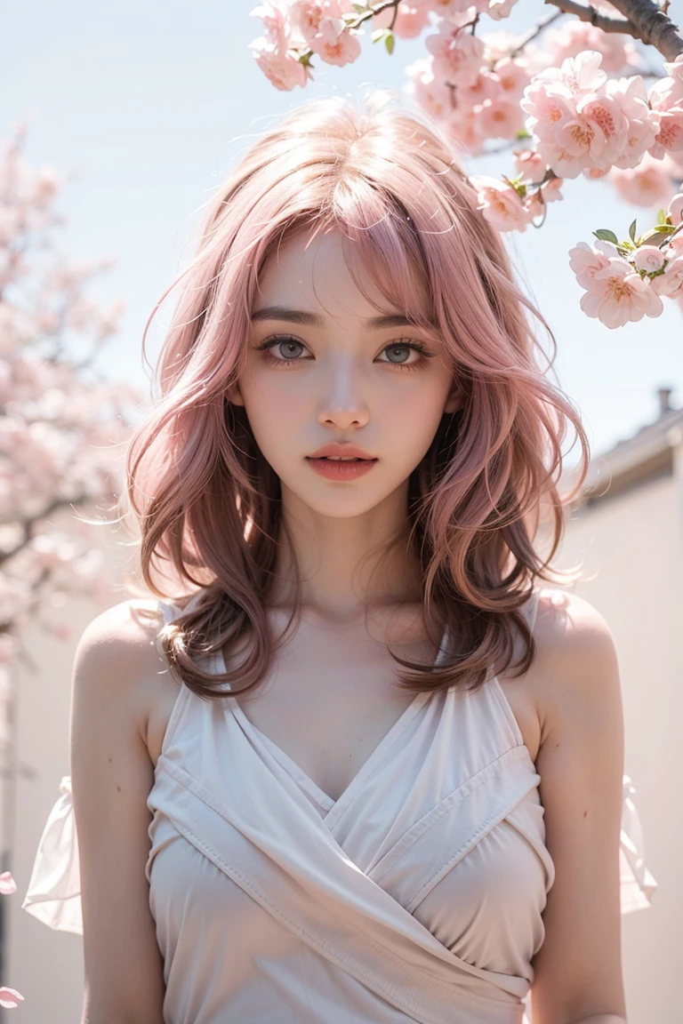 light pink hair, pink eyes, pink and white, cherry blossom leaves, Bright colors, white dress, paint splashes, simple background, ray tracing, wavy hair