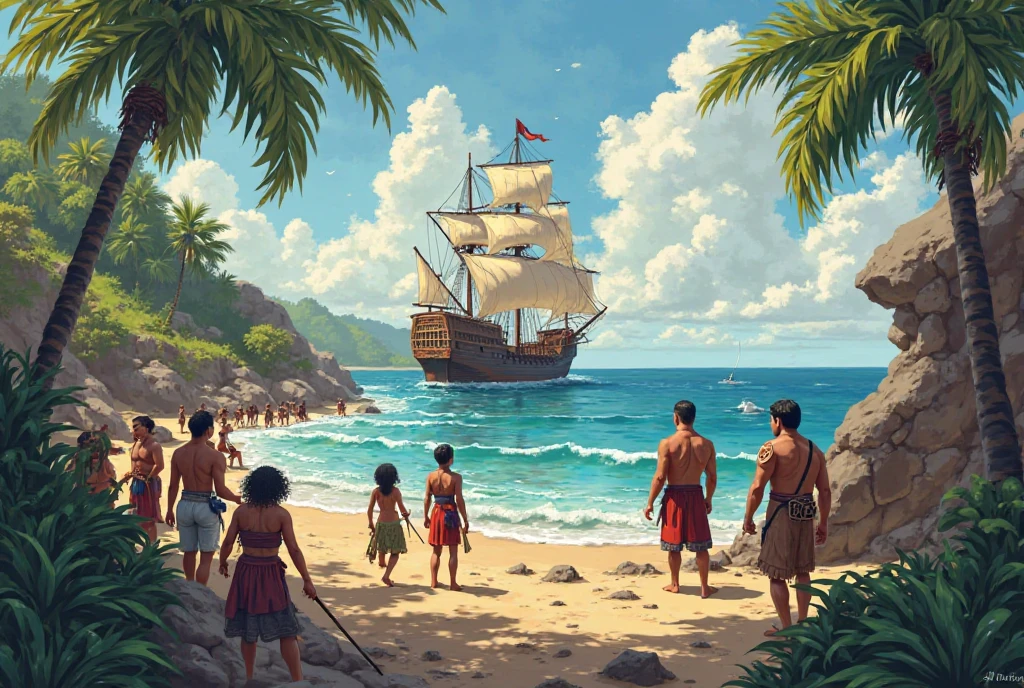 Recreate the painting scene, The girl and the Santa Maria arriving in America, make it as if a thin indigenous child in indigenous clothing were pointing from the beach when the boats arrive, There is a lot of jungle around and a storm with big waves in the sea and in the distance you can see the ships.. On the beach, put a shadow of a cross that represents the Catholic religion and in front of the child on the beach, Make the silhouette of an indigenous person kneeling and crying, with a lot of emotional pain and being enslaved, On the ground there are several objects lying around, such as indigenous weapons., Skulls and helmets of Spanish soldiers 