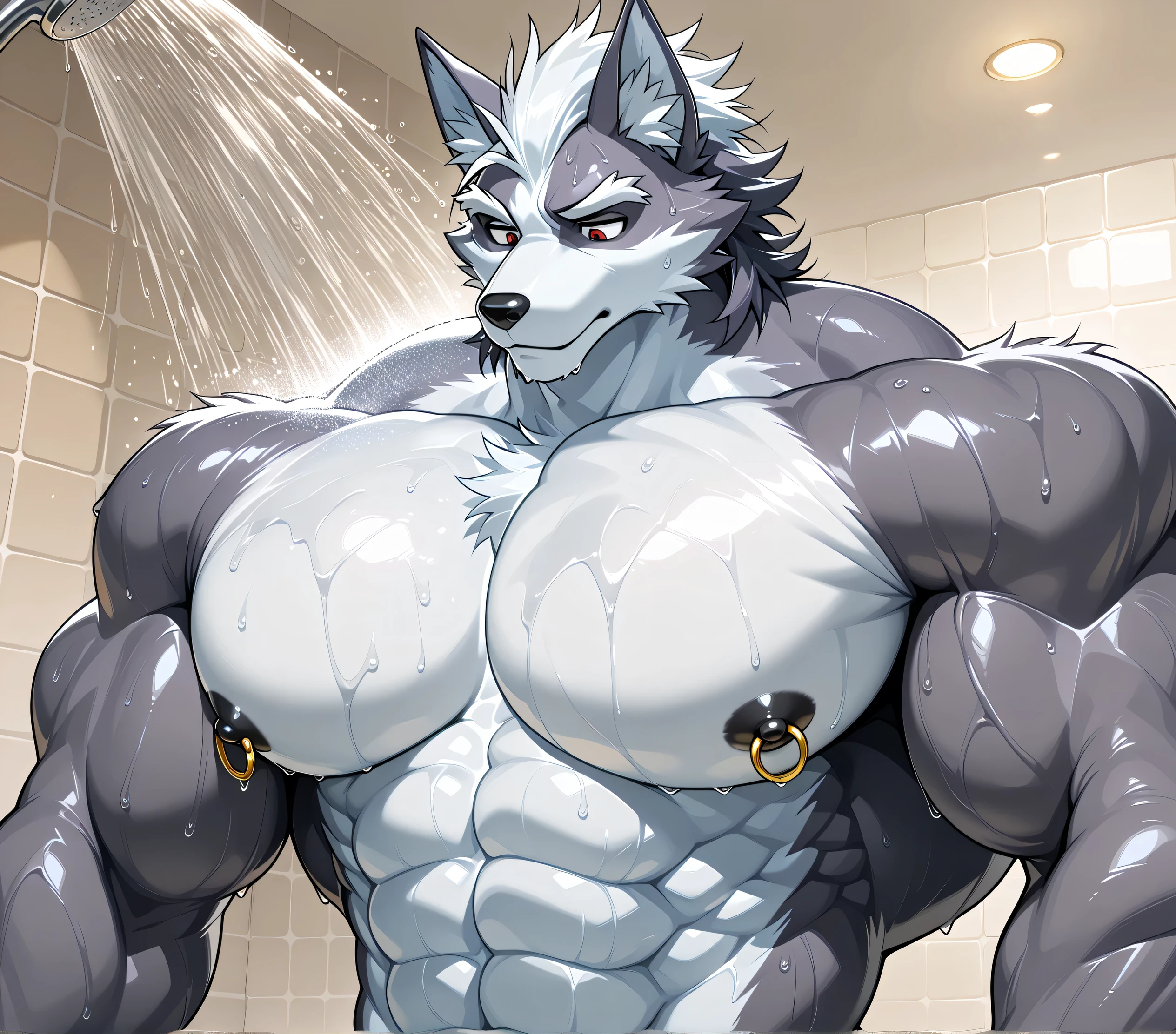 kemono, bara, solo, furry, Anthro, Wolf O'donnell, male, tail, huge muscular, red eyes, posing, huge black nipples, golden nipple rings, broad shoulders, broad chest, detailed background, bare upper body, wet, low view, face turned, macro, taking a shower, one raised eyebrow, looking down, BREAK score_9_up,score_8_up,score_7_up,score_6_up,score_5_up,score_4_up BREAK by null-ghost