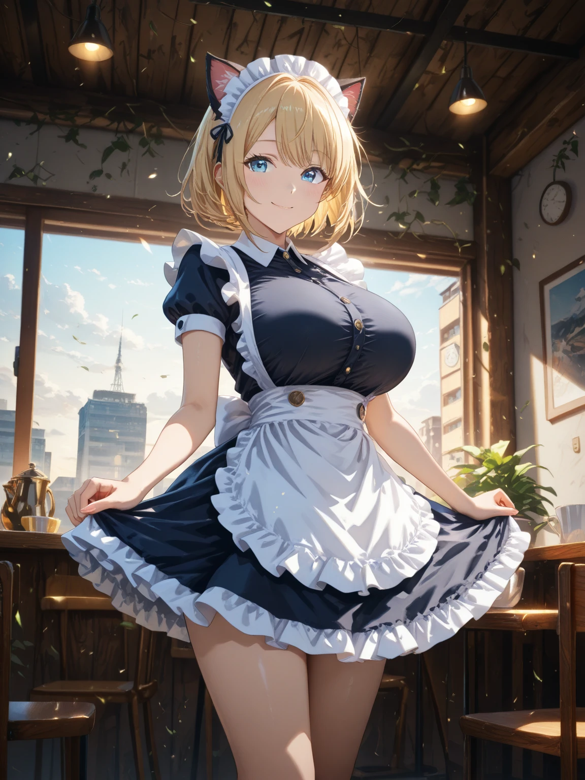 1girl, solo, summer, village, trees, sun, clouds, chestnut hair, side ponytail, huge breasts, french maid dress, dark blue eyes, cleavage 1:3, brown shoes, grin, looking at the viewer, standing, hair ribbon, golden necklate