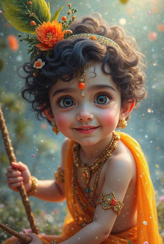 a divine child krishna,beautiful detailed eyes,beautiful detailed lips,extremely detailed eyes and face,longeyelashes,ornate traditional indian clothing,intricate jewelry,cinematic lighting,dramatic cinematic angle,cinematic composition,rich vibrant colors,warm color palette,glowing divine aura,ethereal mystical atmosphere,award winning digital art,masterpiece,best quality,8k,photorealistic,studio lighting,physically-based rendering