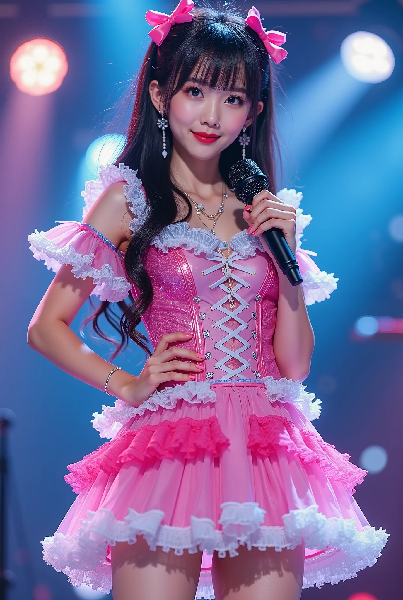 Create a highly detailed, realistic image of a young woman with long, dark hair styled with two small pink bows on either side. She is wearing a vibrant and transparent shinning glossy pink short dress that has a layered, frilly design with white ruffled edges on the sleeves and neckline. The dress has intricate lace-up details on the front, with white ribbons crisscrossing over the bodice. A large, white bow is tied around her waist, and the skirt is layered with multiple ruffles, alternating between white and pink frills. The upper part of the dress has a mix of white and blue accents, especially around the shoulders, giving it a lively, idol-like appearance. The girl’s expression is cheerful and playful, with a radiant smile, captured both in performance and posing with a slightly pensive look. Ensure that her outfit appears shiny and glossy, reflecting stage lights, and incorporate a vivid, performance-like atmosphere in the background. Some Lights shooting around, she hold microphone, head thighs portrait,