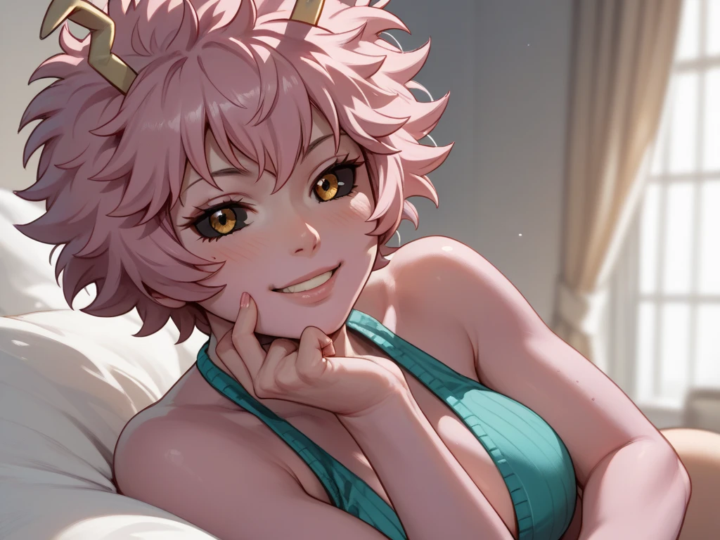 (best quality:1.3), (4k quality), 1 mature woman, Mina Ashido by boku no hero, school uniform, ((Detailed face)), (blush), whole body, large smile, laying on the bed