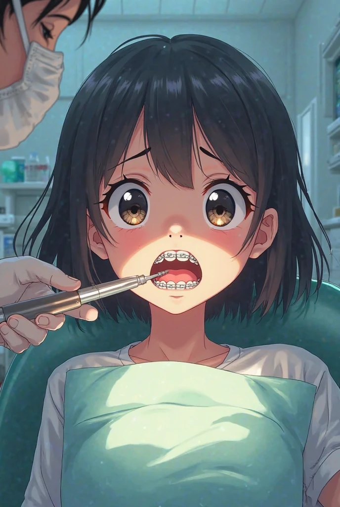 Anime girl šiť on dentist chair have opened mauth have braces on teeth ...