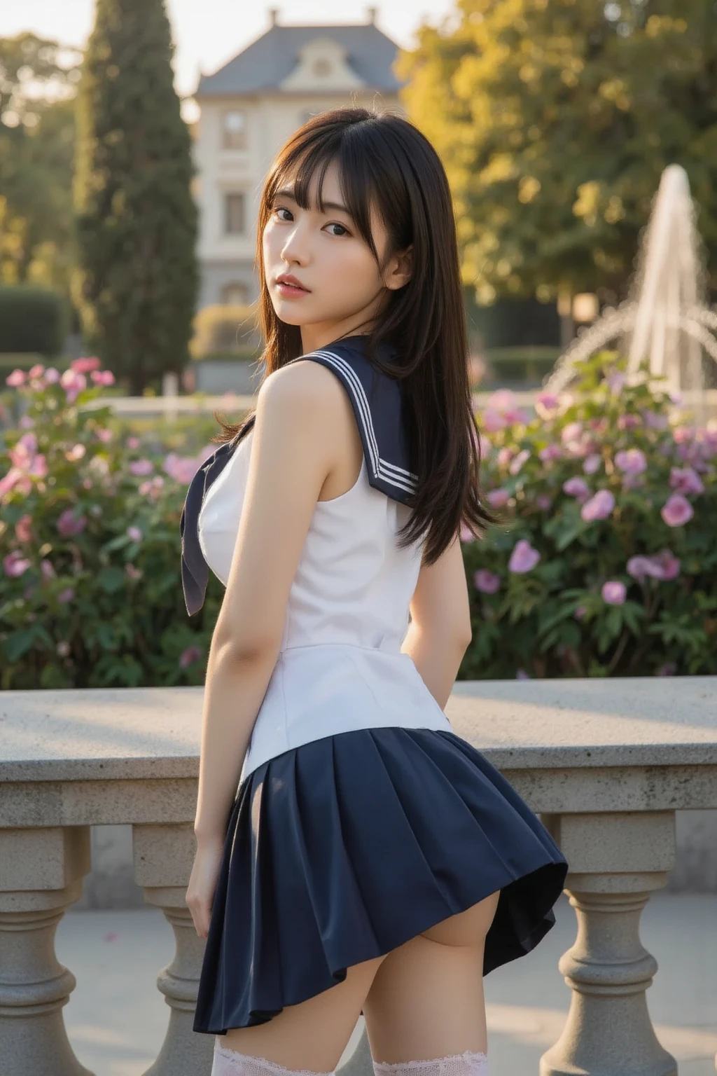 ((((highest quality))))、(((Ultra-precision CG16K wallpaper)))、(((masterpiece)))、(((Super detailed)))、(((super extreme details)))、1people's women、mature woman、25 year old woman、((Japanese face))、((very beautiful face))、((Kitagawa Keiko:1.5))、((straight semi-long hair))、(shiny hair)、bangs up to eyebrows、beautiful brown hair、beautiful delicate eyes、brown eyes、raised eyebrows、high nose、small nostrils、small mouth、seductive lipouth slightly open、beautiful breasts、((C cup size breasts))、cleavage、plump body、perfect proportions、perfect anatomy、perfect composition、beautiful detailed shading、beautiful natural lighting、beautiful detail glow、Depth of the bounds written、soft focus、(((High chroma)))、(((real:1.9)))、((vivid:1.4))、((beautiful skin))、((skin texture))、((realな皮膚感))、(((cowboy shot:1.5)))、((Low angle view from behind:1.5))、((Surprised profile with open mouth:1.3))、(Eyes looking at me:1.5)、bright sunshine、(((go up the stairs:1.3)))、(walking pose:1.5)、(((High school girl wearing sailor suit、pleated miniskirt clothing、wearing white panties:1.6)))、(((Voyeur panties:1.6)))、