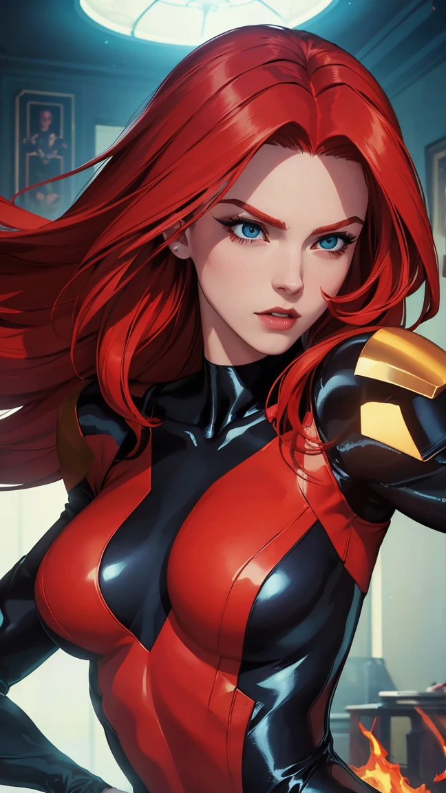 redhead hair, jean grey, X-Men, sexy clothes, short leggings, big bootie, big breast, top less short, red eyes,long hair ,Beautiful figure,fair skin, shiny skin,start ship background,space ,sheer sweater,high quality, 4k definition, high details on hands,