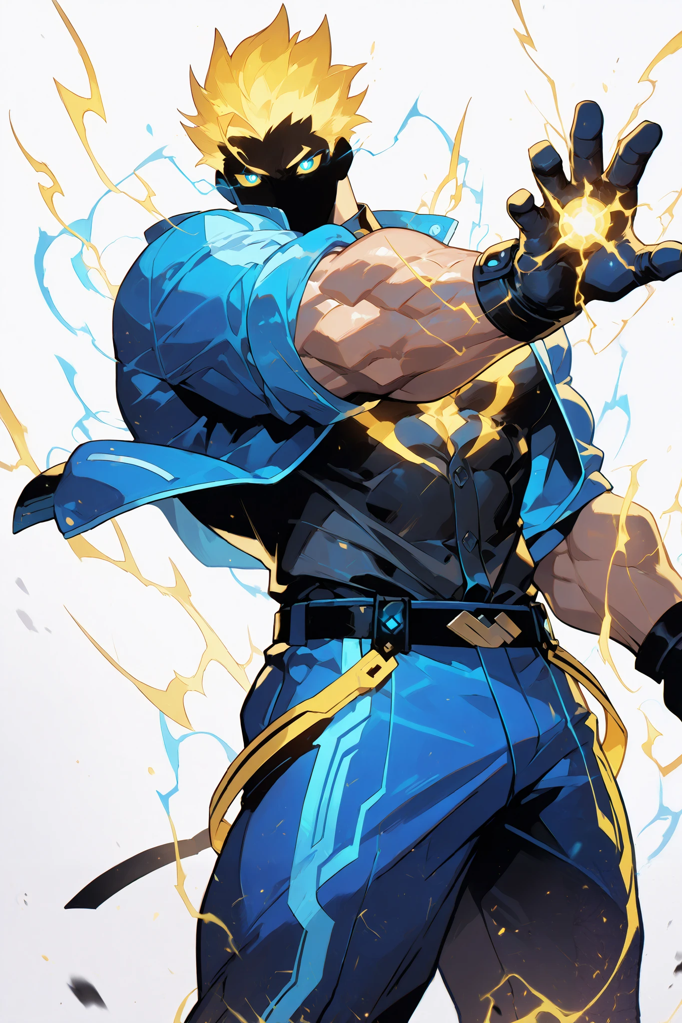 solo, silhouette, Electrical Powers, muscular character, wearing a Blue Jacket, Black Button Up Shirt, wallpaper quality, on a loading screen, fighting stance, solo, aura, waist up, (Human Body, Electrical Appearance, Black and Yellow Highlighted hair), sinister stare, neon lighting, Blue eyes, Yellow sclera, glowing eyes, glowing blue highlights, Blue electrical sparks, Glowing border, Electricity in background, Glowing Symbol, (Athletic muscles:1.5), Blue jacket, Tight blue pants, dress pants, masterpiece, straps, pectorals, ((Simple White background)), correct anatomy, correct hands, best quality, 
