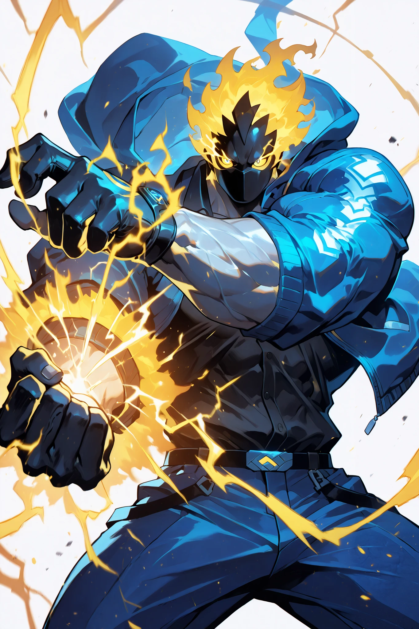 solo, silhouette, Electrical Powers, muscular character, wearing a Blue Jacket, Black Button Up Shirt, wallpaper quality, on a loading screen, fighting stance, solo, aura, waist up, (Human Body, Electrical Appearance, Black and Yellow Highlighted hair), sinister stare, neon lighting, Blue eyes, Yellow sclera, glowing eyes, glowing blue highlights, Blue electrical sparks, Glowing border, Electricity in background, Glowing Symbol, (Athletic muscles:1.5), Blue jacket, Tight blue pants, dress pants, masterpiece, straps, pectorals, ((Simple White background)), correct anatomy, correct hands, best quality,