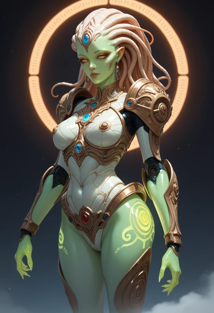 Ancient Extraterrestrial Creature, Alien Being, ((Non-Human)), Female seductive Alien, ((intricate glowing skin)), chitinous skin, Alien clothes, intricate Heavy armor