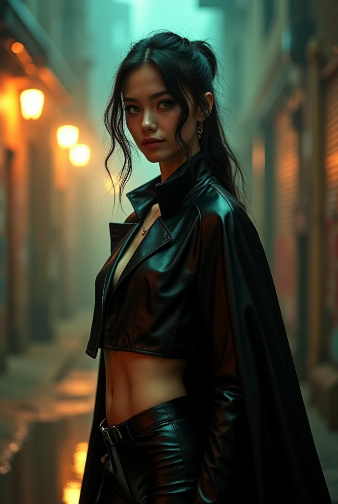(backlighting,navel:1.2,black hair),raining night,city,A beautiful woman wearing school uniform on the bustling streets of Gintama, surrounded by vendors, beautiful portrait of a stunning goddess girl, beautiful detailed face, porcelain skin, half body shot, centered, ultra soft lighting, symmetry, intricate, elegant, highly detailed, photorealistic, artstation, concept art, smooth, as imagined by greg rutkowski and borris vallejo, cover, vogue style
