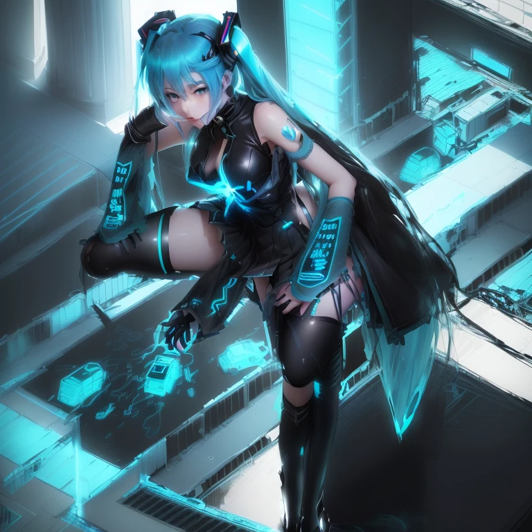 View from below, angle from below Girl Android mechanical prosthetics demonic gloomy with long blue hair woman with sexy hips half cyborg modification Beautiful sad girl blue eyes stands in full growth Anime Style black background Cyberpunk style, black background image of night black city and blue neon lights fluorescent lamps