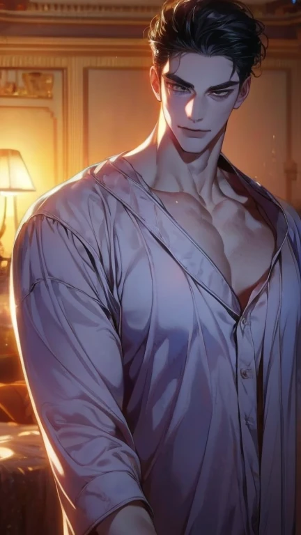 Manhwa Arte Europeo, 25 years old man, Pelo desordenado de la cabecera, white dress shirt, Cabello negro azabache, ojos penetrantes, standing position, basement background, cejas gruesas, Llevar disfraz de vampiro, ojos amarillos, orejas punteagudas, colmillos salientes de su boca, sangre resbalando de su boca, amenazante, sexy, sensual,  razor-sharp jawline, mirada penetrante, Cold and mysterious character, 8k, Detailed features, muy guapo