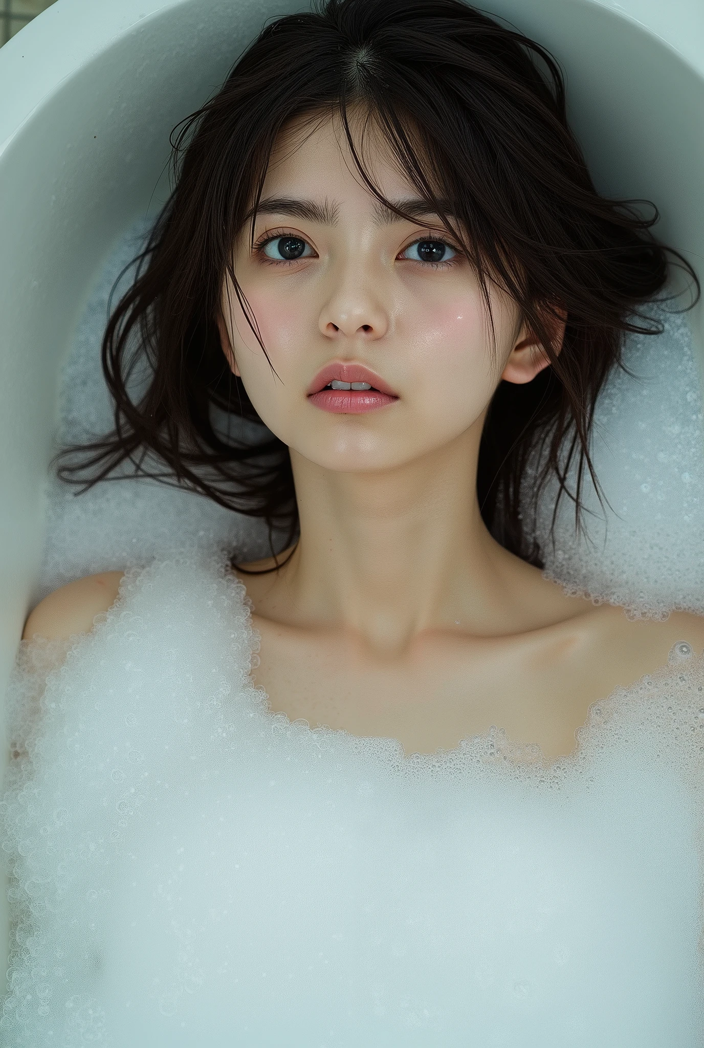 professional photography, realistic, Wong Ka-wai , A picture of an Asian woman lying in the bathtub taken from above, she has long disheveled dark hair , She is taking a bath, she has beautiful makeup , A bathtub full of bubbles , A picture of bubbles flying in the foreground , SFW censored with soap bubbles, complicated details