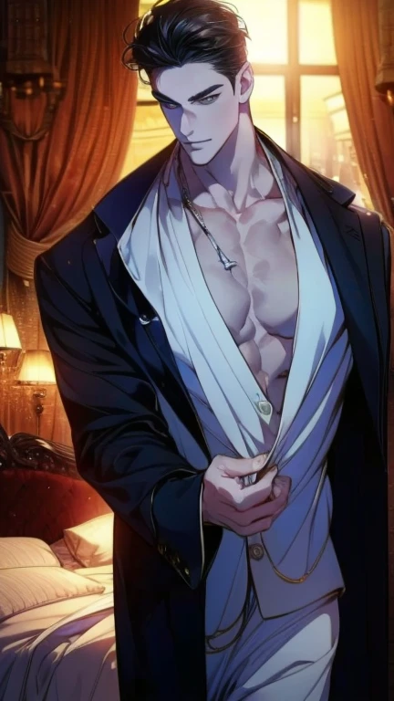 A wet man in wet white shirt and black tie sitting on a chair, big chest, anime handsome man, handsome anime pose, in wet white clothes, clothed in wet white shirt, open v chest clothes, wet white suit and black tie, highly detailed exquisite fanart