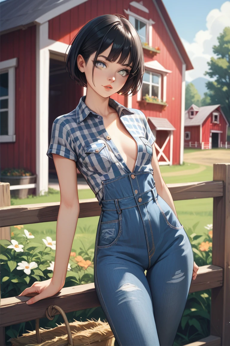 high quality, details, young girl in dungarees, garden, naked body, visible breasts, smiling, sunny weather, long heair, big breasts, sagging breasts