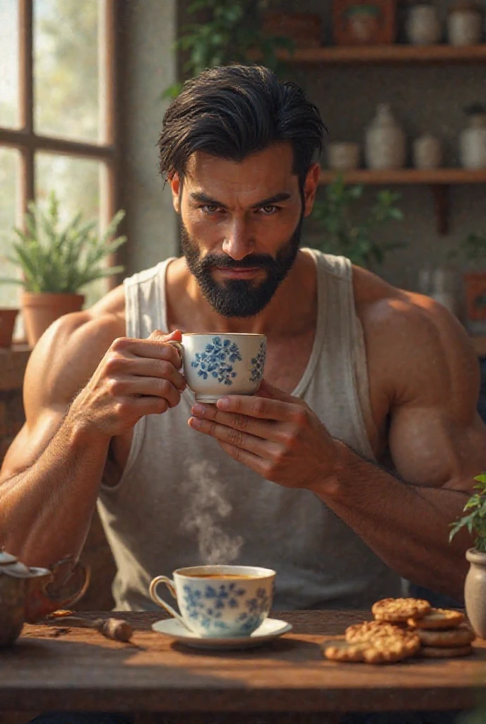 photorealistic, best quality, masterpiece, extremely detailed, very sexy, very homoerotic, extremely handsome, 30 year old muscular filipino man, full body tattoo, (muscular bodybuilder), (smiling), wearing only apron, holds out steaming cup of coffee towards camera, in kitchen, extremely romantic atmosphere, perfect face, perfect fingers, perfect hands, perfection