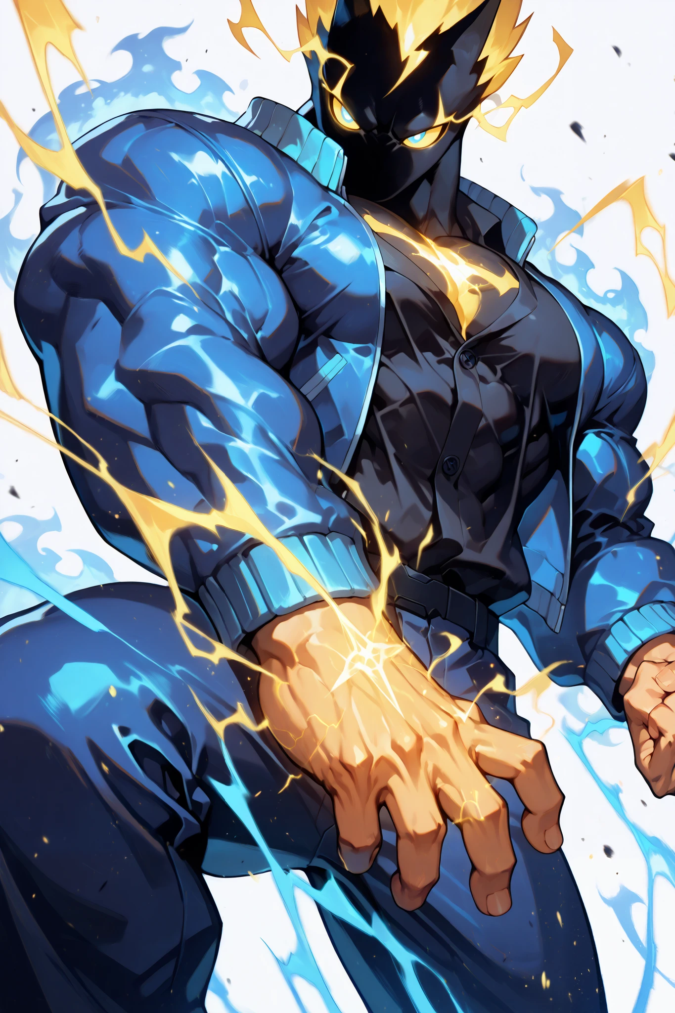 solo, silhouette, Electrical Powers, muscular character, wearing a Blue Jacket, Black Button Up Shirt, wallpaper quality, on a loading screen, fighting stance, solo, aura, waist up, (Human Body, Electrical Appearance, Black and Yellow Highlighted hair), sinister stare, neon lighting, Blue eyes, Yellow sclera, glowing eyes, glowing blue highlights, Blue electrical sparks, Glowing border, Electricity in background, Glowing Symbol, (Athletic muscles:1.5), Blue jacket, Tight blue pants, dress pants, masterpiece, straps, pectorals, ((Simple White background)), correct anatomy, correct hands, best quality,