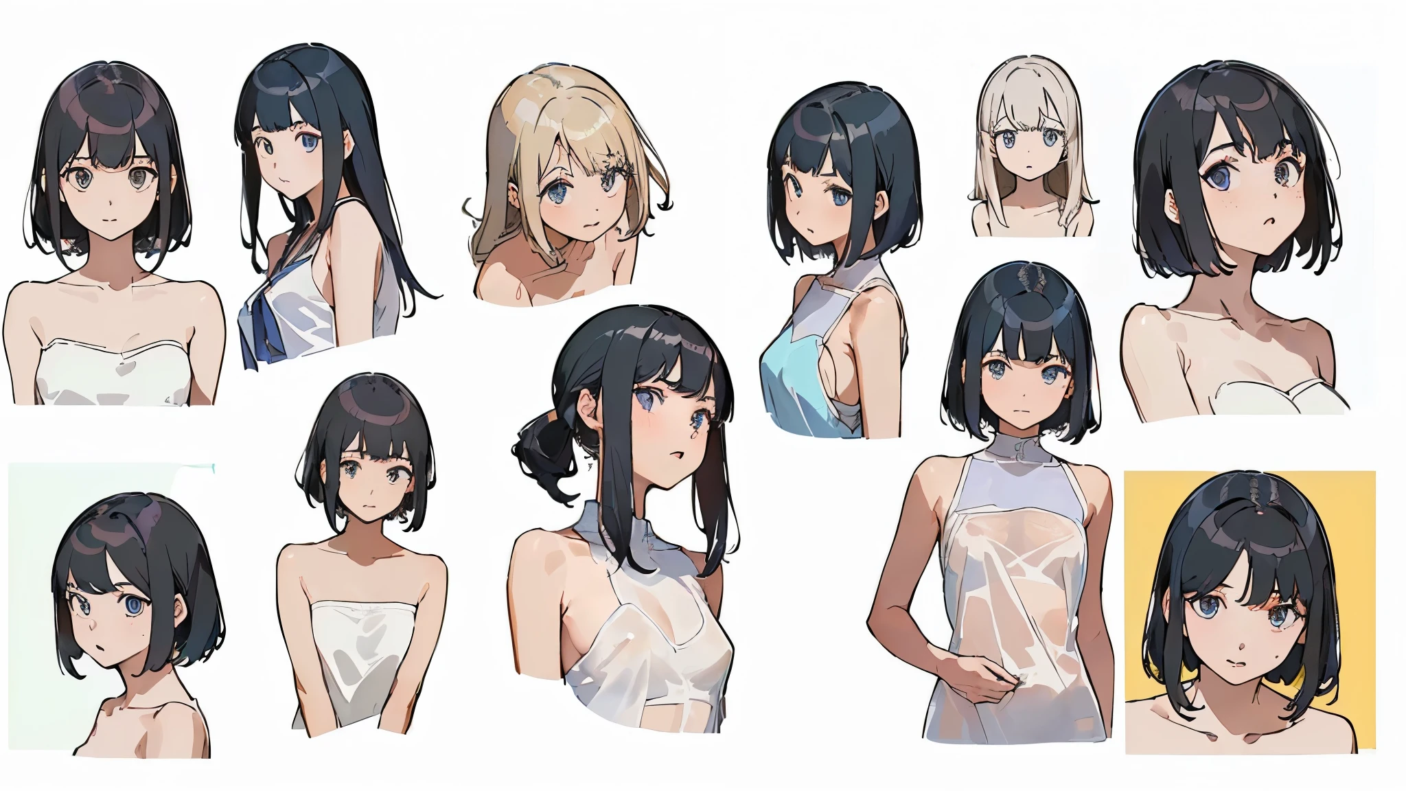 9 girls, white background, different characters, multiple views, (Close up heads, portrait, mugshot), bra, bare shoulders, bikini, different hair colors, different hair styles,
twin-tail hair style,
pony-tail hair, wavy
long hair,
braid,
parted bangs,
high ponytail,
low ponytail,
big hair, cornrows,
hair bun,
hair rings,
half updo hairstyle,
diagonal bangs,
two side up hair,
flipped hair,
blunt bangs,
warm-toned hair colors,
cool-toned hair colors,
brown hair color,
red hair color,
yellow hair color,
white hair color,
purple hair color,
blue hair color,