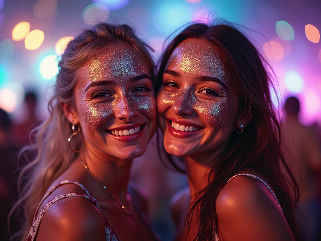 age girls, freckles, topless, smiling, braces, in the night time, very mystical place, colorful prisms fall from the sky and shine in all colors, Very realistic skin, very detailed background, lots of glitter in all colors, glittering fairy dust, Glowing tattoos