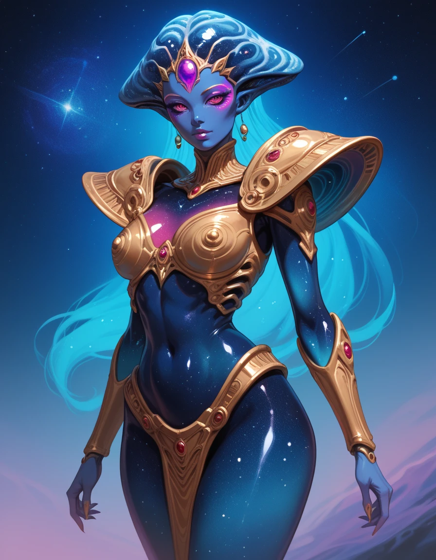 ((Full body)), (((Head to toe))), 1 female, Solo, beautiful blushing slender Goddess of Neptune (((with chignon bronze hair))), Small bust, small breasts thin waist, Thin leg, (((against Neptune as a planet background))), (((gorgeous amethyst armor, loincloth))), aquamarine necklace, aquamarine tiara, silk Veil, (((American comic style with dark contours))), (((art by J. Scott Campbell)))