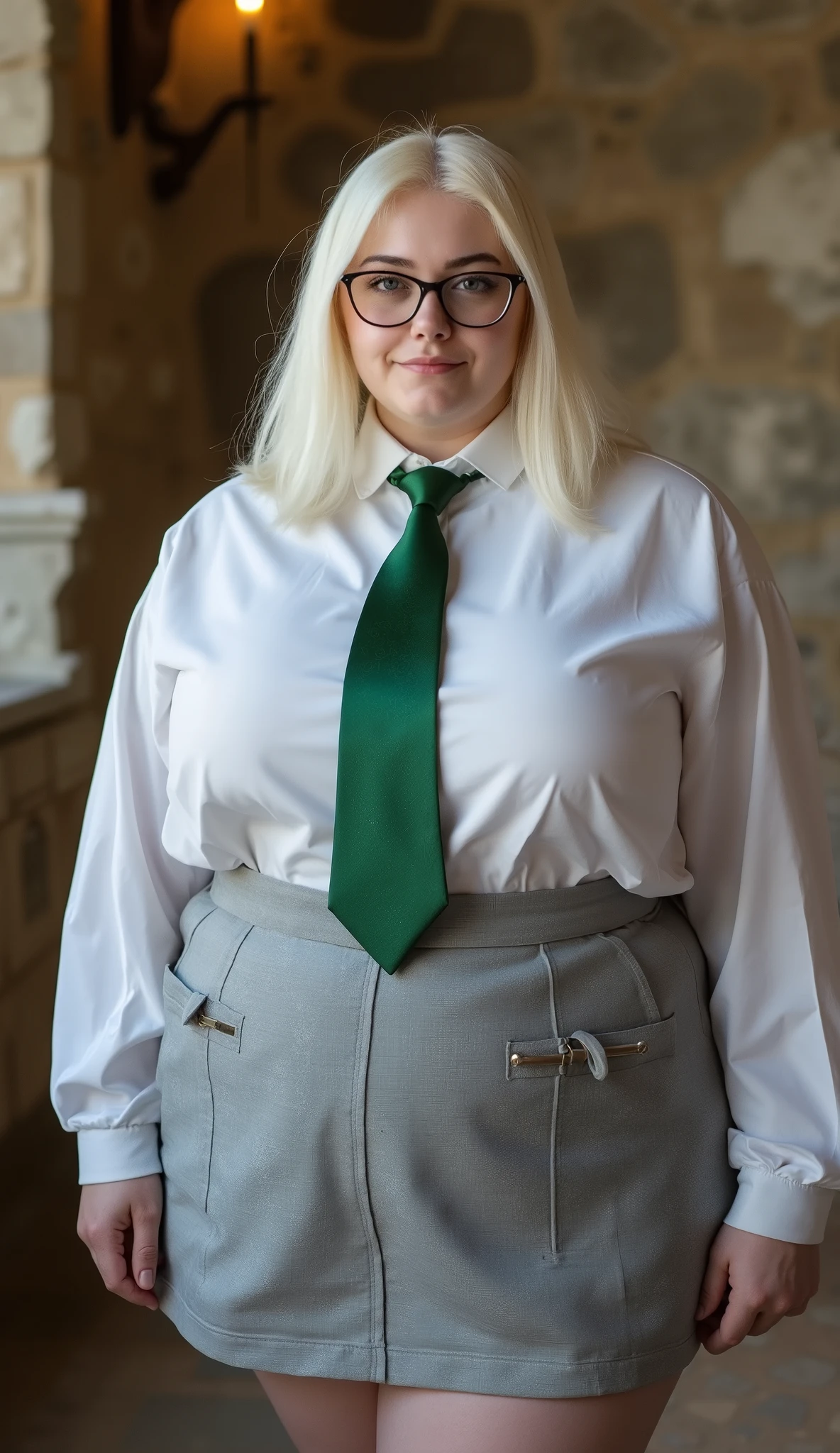 Photo of a young fat fat woman with white blond straight shoulder-length hair. She is quite young. Has green eyes and glasses. She is wearing a white shirt with a green tie and a gray skirt. She is standing in a castle . She is fat and has wide arms. Plus a wide hip ring. Fat legs. Her stomach is fat
