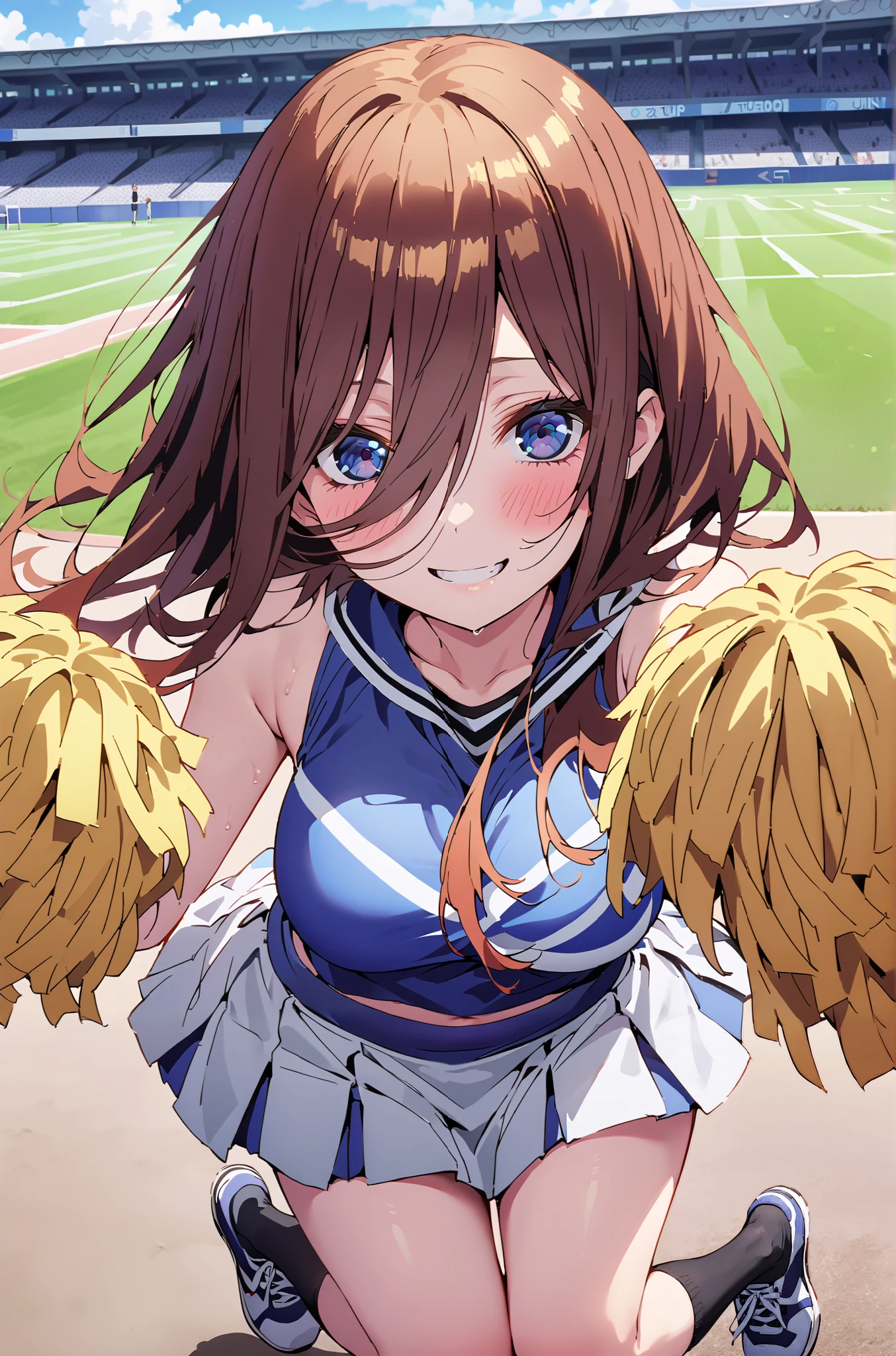 score_9, score_8_up, score_7_up, source_anime, Miku Nakano, Nakano Future, long hair, bungs, blue eyes, brown hair,Between the eyebrows,smile,blush,open their mouths,Big Breasts, (CHEERLEADING), (full body), on chest, (semen), semen Wet Clothes, (blue clothes),sleeveless, pleated skirt on indoor floor,black socks,sneakers,belly button sticking, playground, (jump), (jump), 足を曲げてjumpする, , blue sky, Compa, smile,cheerleader with radiant skin, Pom-pom \(CHEERLEADING\) real hair ornaments,audience,full bodyがイラストに入るように,break outdoors, Stadium,
break looking at viewer,
break (masterpiece:1.2),top quality , kampala, Unity 8K Wallpaper ,(shape:0.8),( fine, beautiful eyes :1.6),It's a person ,full body写真,CG Details , (perfect hands with full nudity,complete anatomy),