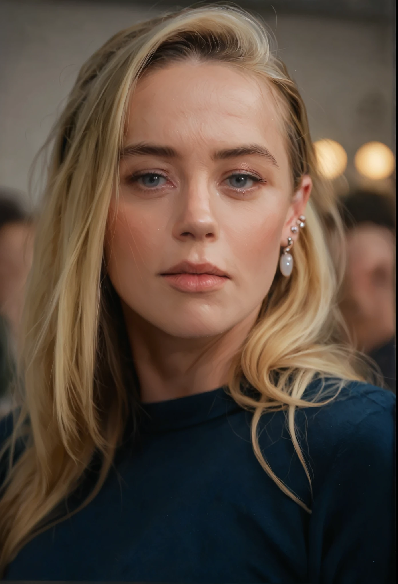 score_9, score_8_up, score_7_up, JohnnyDepp, 1girl, solo, long hair, looking at viewer, blonde hair, jewelry, earrings, lips, grey eyes, piercing, ear piercing, portrait, realistic, blue sweater