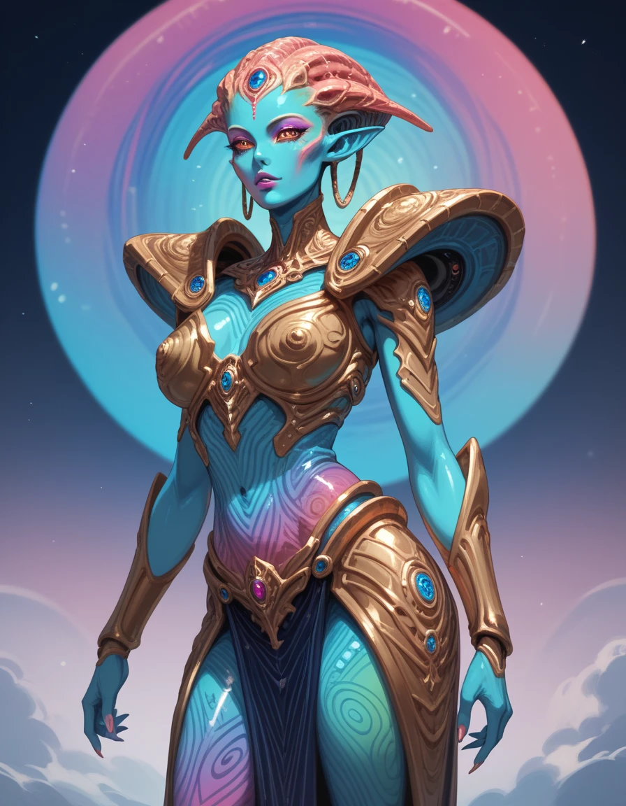 Ancient Extraterrestrial Creature, Alien Being, ((Non-Human)), Female seductive Alien, ((psychedelic skin)), intricate colorful skin, Alien clothes, intricate Heavy armor